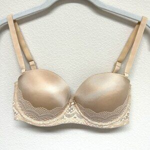 Auden Plunge Coverage Push-Up Strapless Detach Convert Strap Bra Stretch 34C Lac